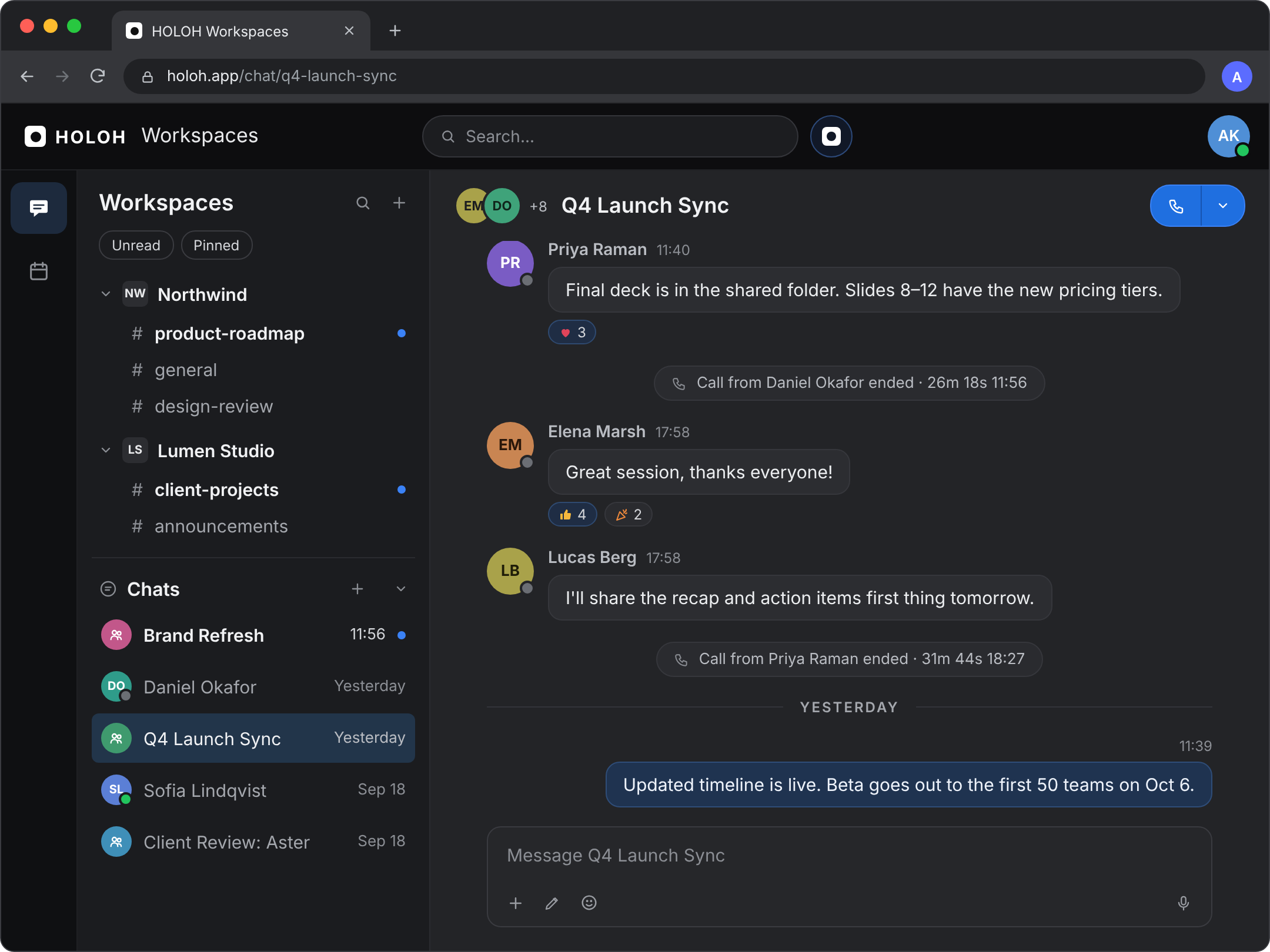 HOLOH Workspaces chat with workspaces and channels in the sidebar and a conversation showing ended calls in the thread
