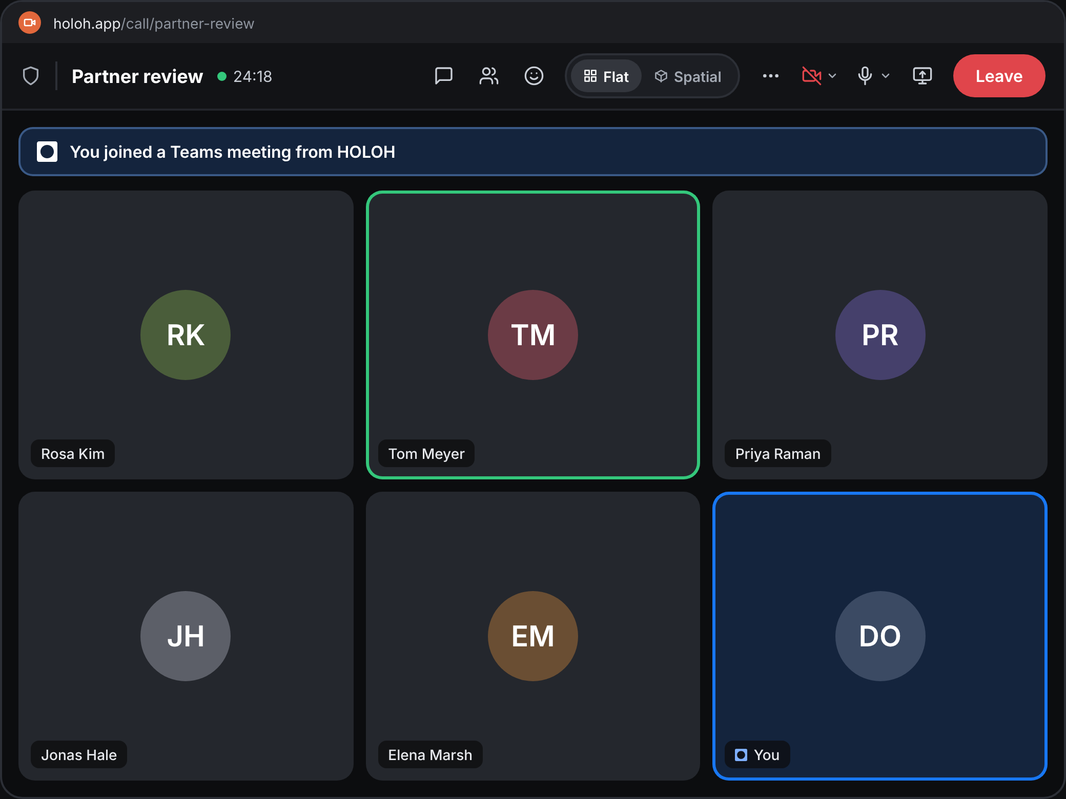 A HOLOH call window inside a Teams meeting, with the participant grid and call controls